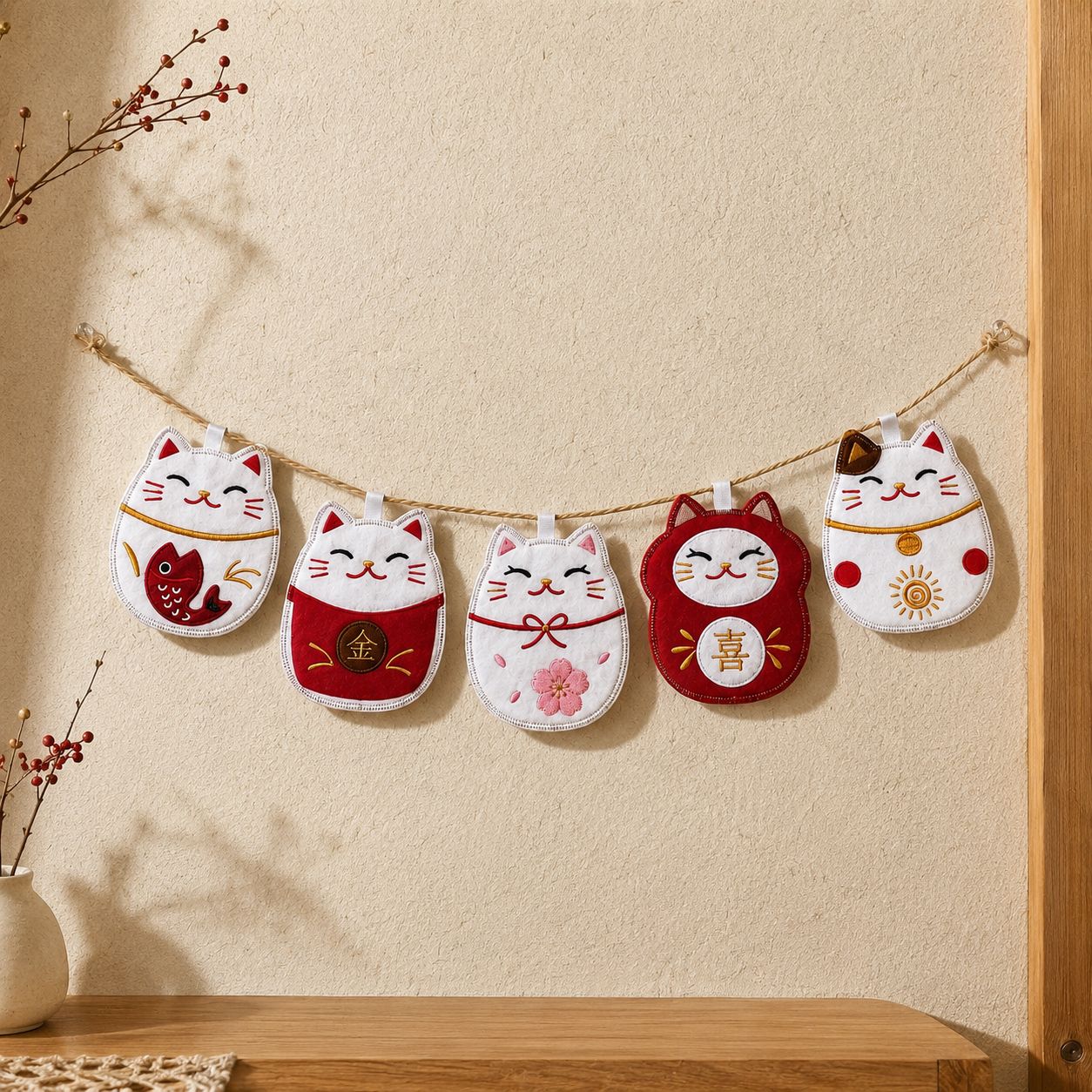 招き猫ガーランド｜フェルト刺繍 5個セット｜Maneki Neko Garland Embroidered Felt