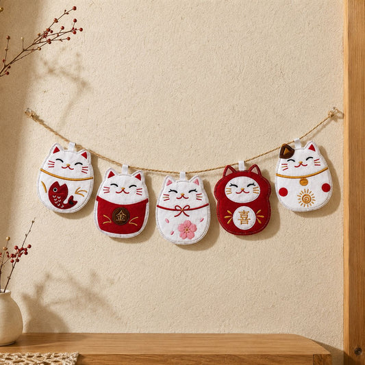 招き猫ガーランド｜フェルト刺繍 5個セット｜Maneki Neko Garland Embroidered Felt