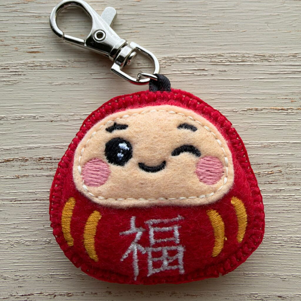 Chaveiro de daruma em feltro bordado | 福 (sorte) | Piscadinha | Amuleto